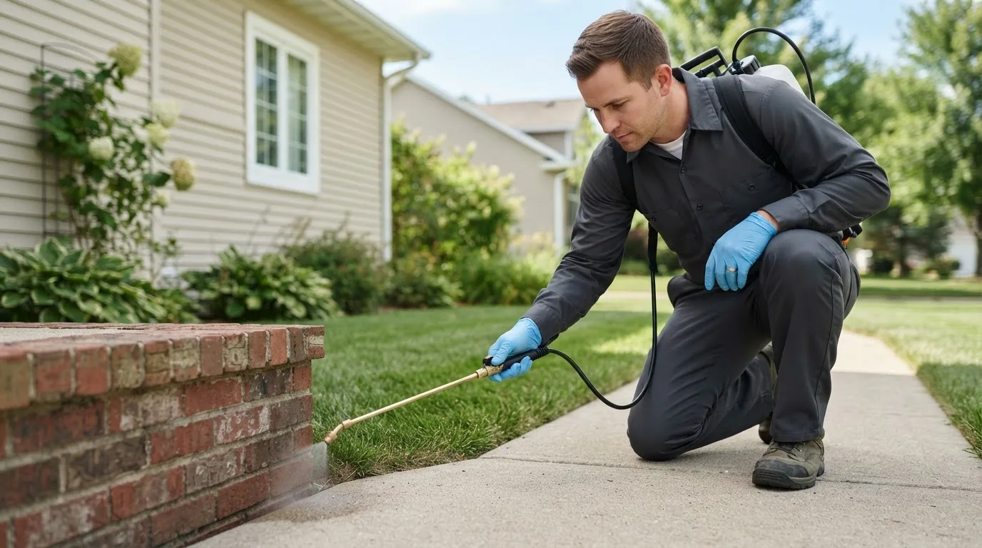 Pest control technician treating a home near New Haven, WV